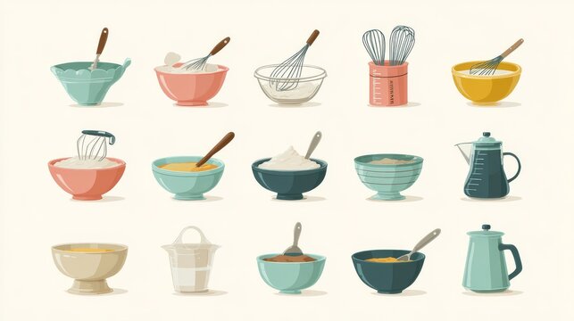 Minimalist flat vector baking icon set showing bowls, measuring cups, whisks, and ingredients in various cooking stages for pastry dishes