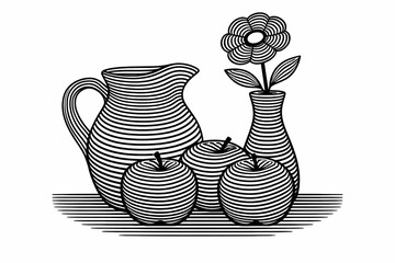 Obraz premium Still life with jug, apples and flower in black and white line art, line art illustration, AI generated