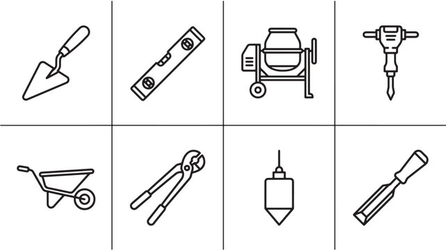 Construction masonry tools line icon set with trowel