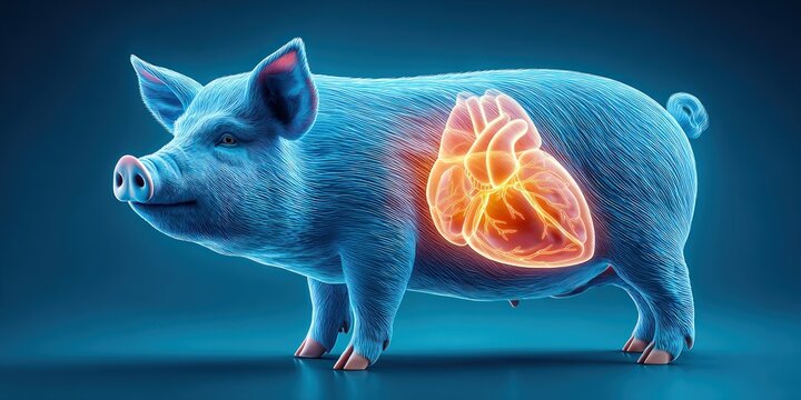 Digital Illustration of pig with glowing anatomical heart illustration representing xenotransplantation research medical science advancement