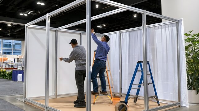 Two workers assembling a modular exhibition booth using aluminum frames and white fabric panels indoors
