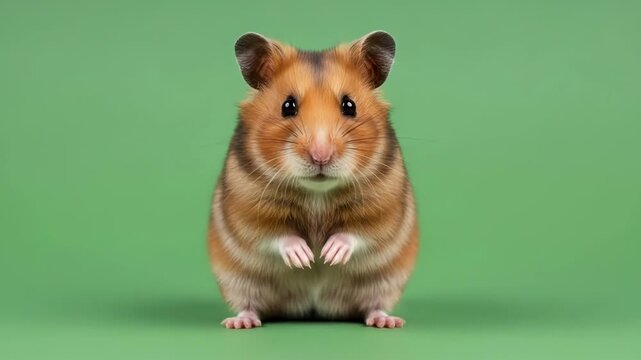 A cute brown hamster standing upright against a soft solid green background