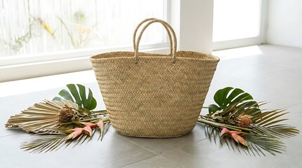 Woven straw beach bag with green tropical palm leaves. Natural fiber carriers