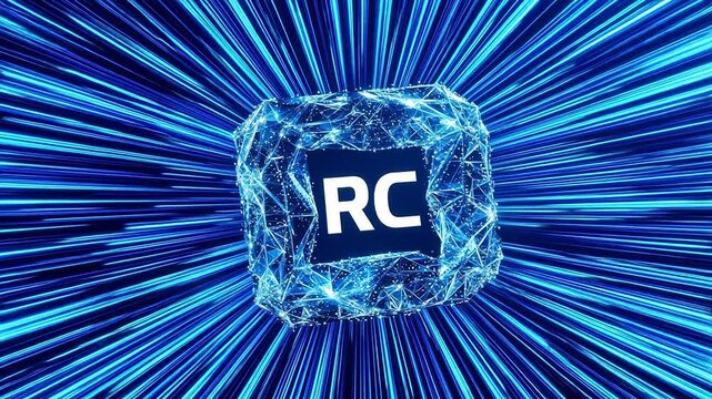 Futuristic RC Digital Cube with Blue Particle Network and Speed Lines Animation