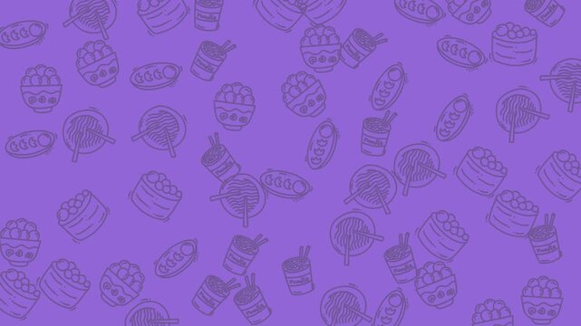 Seamless pattern background featuring hand drawn doodle style ramen noodle bowls and chopsticks.