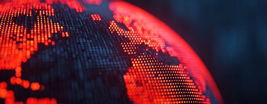 Digital globe showing glowing red continents against dark blue background conceptual representation of global network connectivity data transmission