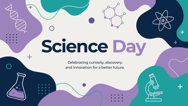 Abstract Science Day banner illustration featuring flat design elements like DNA, atom, beaker, microscope, and molecule icons. Perfect for educational, curiosity, and innovation themes.