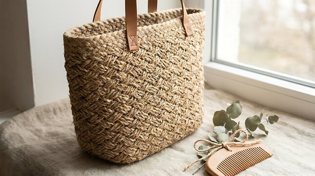 Woven tote bag with leather handles sitting on a stone surface near a window. Natural fiber carriers