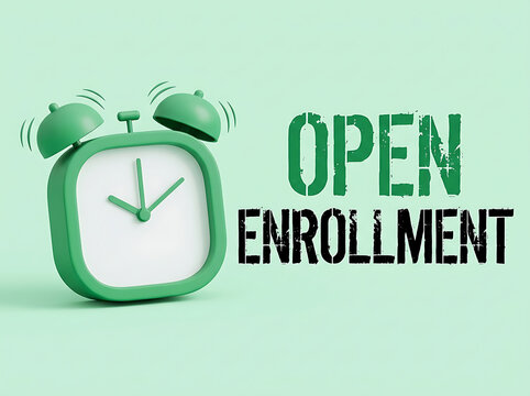Open enrollment text with green alarm clock