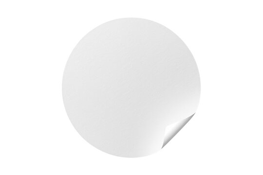 White round blank paper sticker with curled corner peeling off, offering creative design mock-up on transparent background