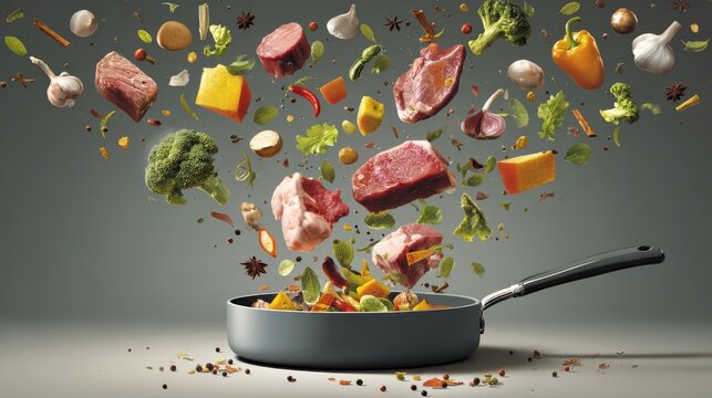 Flying food scene with chopped vegetables, raw meat cuts, and spices suspended above a modern saucepan in detailed vector style