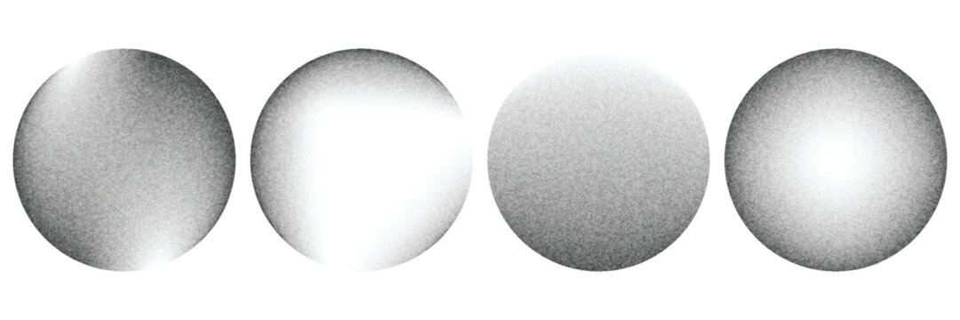 Set of grainy stipple circles with soft halftone noise and gradient fade. Abstract round textures for retro designs, shading, overlays, graphic effects and vintage layouts