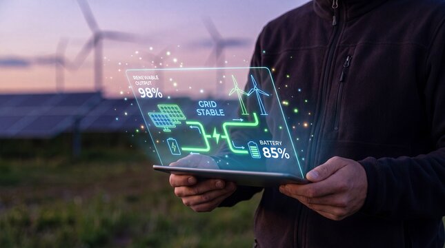 Engineer hands monitoring renewable energy grid stability on holographic tablet at wind farm dusk