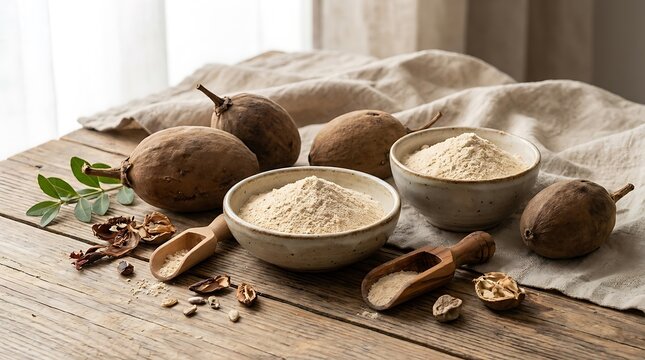 Bowls of fresh sapodilla fruit smoothie with whole fruits on a rustic wooden table. organic baobab display