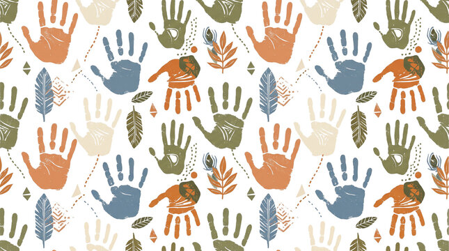 Seamless pattern of colorful handprints and feathers in earthy tones.