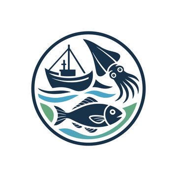 Fishing boat with squid and fish logo design