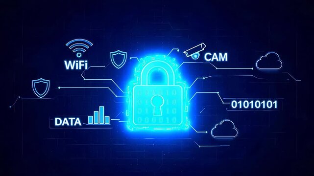 Digital Security Concept with Glowing Padlock, WiFi, Camera, Cloud and Binary Data Icons on Dark Blue Tech Background
