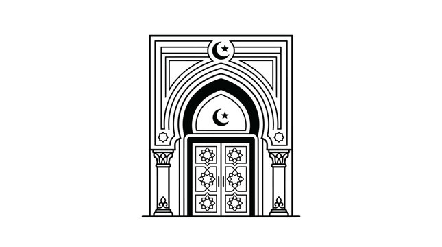 Mosque entrance gate with crescent moon and geometric stars in minimalist line art vector style for islamic religious branding
