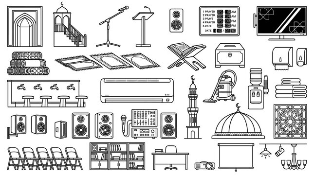 Islamic mosque interior equipment and prayer hall facility icons in minimalist black line art vector style for religious institution management