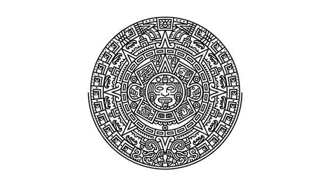 Intricate Aztec Calendar Stone Black and White Illustration.