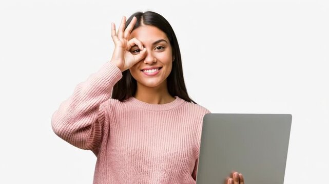 A young woman wearing a pink sweater smiling while holding a laptop computer