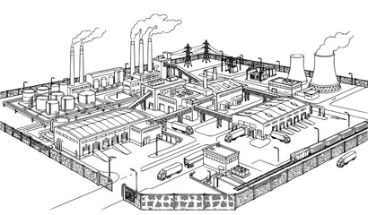 Fototapeta premium Industrial Factory Area Line Drawing Vector Illustration with Manufacturing Buildings Isolated on White Background