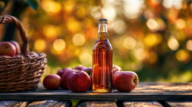 Fresh apple cider bottle on rustic wood in autumn orchard.