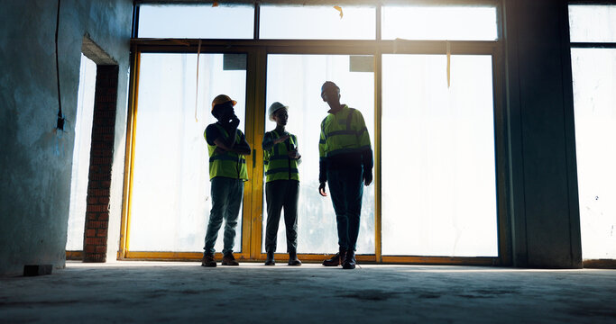 Conversation, teamwork and engineer on site, talking and planning for project, people and ideas. Construction, discussion and brainstorming for redesign, property and architect for real estate