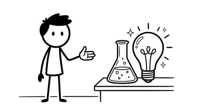 Stick figure presenting a new idea. Cartoon character showing science experiment and lightbulb.