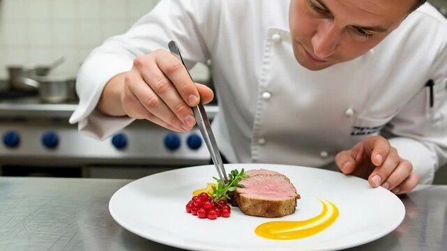 A professional chef carefully plating a gourmet meat dish in the kitchen