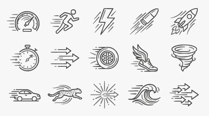 Minimalist Black and White Speed and Motion Icons Set for Web Design and Presentations with high quality professional line art symbols for modern creative design and digital branding projects © Tutik