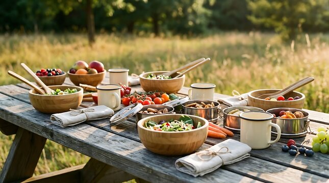 Healthy picnic food in wooden bowls on a rustic table outside in a sunny park. plastic-free lunchware