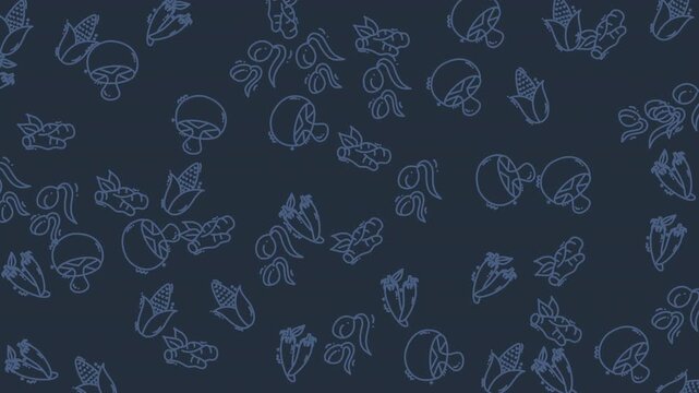 Seamless pattern featuring hand drawn outline illustrations of various vegetables on a dark blue background.