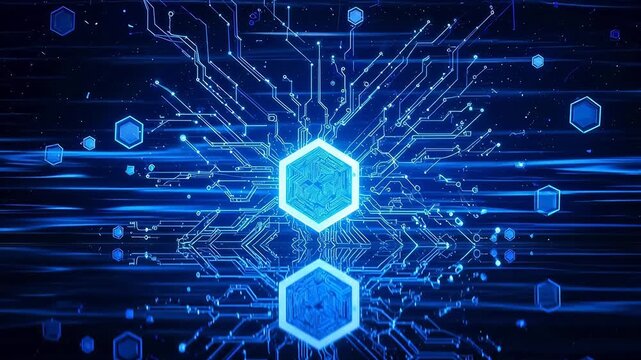 Futuristic Blue Digital Circuit with Glowing Hexagons and Data Flow Animation