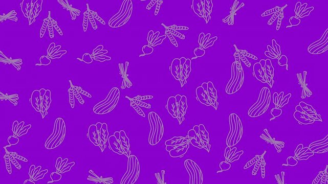 Seamless pattern background featuring hand drawn outlines of various fresh vegetables on a vibrant purple backdrop.