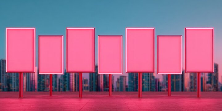 Row of blank pink vertical billboards standing on city rooftop at sunset with copy space for advertising marketing campaigns 3D render illustration