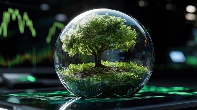 Sustainable green investment concept with a tree inside a glass sphere on a futuristic technology background.