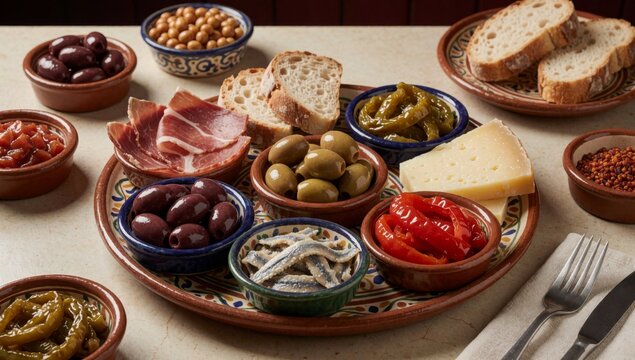 Table variety food items arranged there several bowls different types including sliced meats olives cheese bre