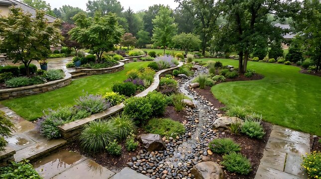 A peaceful backyard garden with a small stone stream and green grass lawn on a sunny day. yard flood prevention