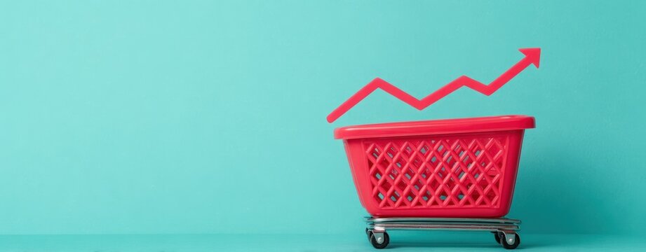 Red shopping basket with rising red arrow graph on teal background copy space concept of inflationary pressures consumer price index rising costs