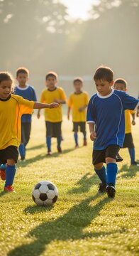 Golden Hour Kickstart: Young Spirits Chase Dreams on Sun-Kissed Field