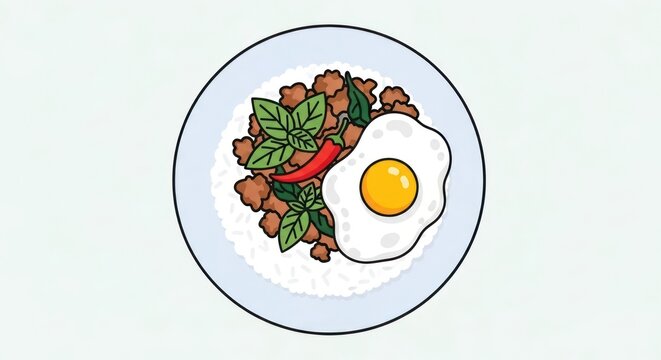 Illustration of thai basil pork with rice and fried egg