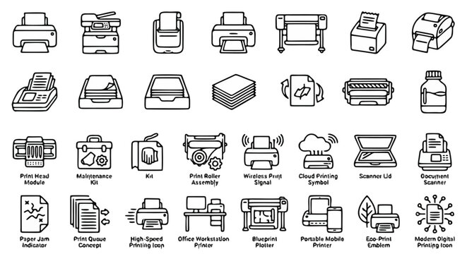 Modern printer line icons set, professional office printing equipment and hardware vector collection, digital document scanning and maintenance symbols
