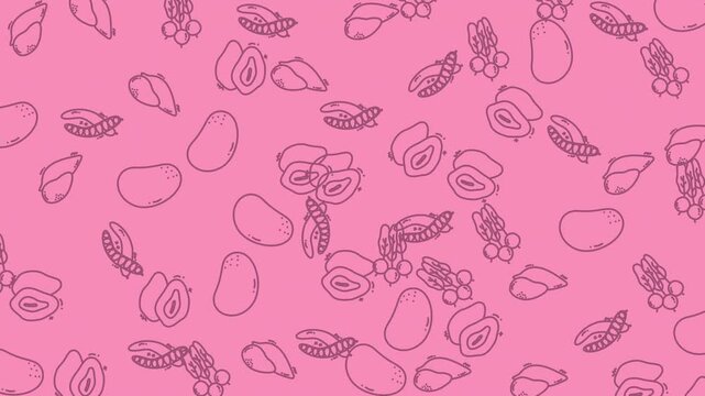 Seamless pattern with hand drawn mango fruits on a pink background.