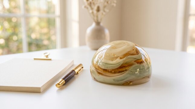 Resin paperweight on a white desk. Decorative epoxy art object for modern office decor.