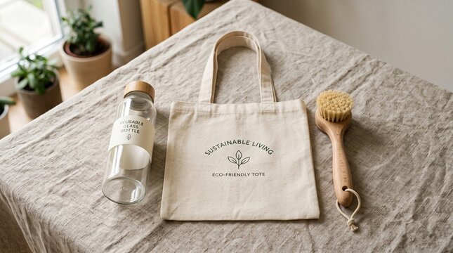 Reusable glass bottle and cotton shopping bag. Eco-friendly items for zero waste living.