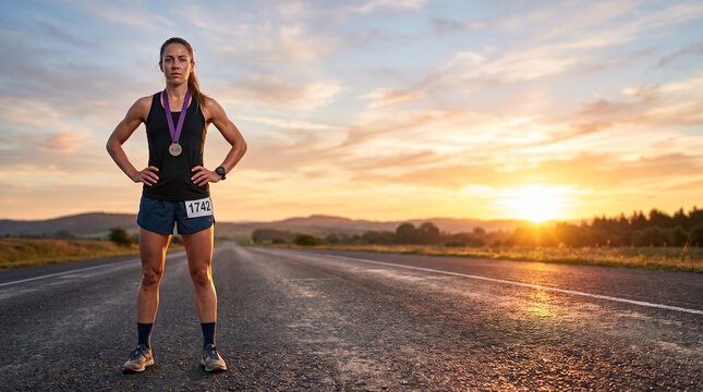 Determined female marathon runner wearing a medal standing on an open road at sunrise