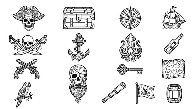 Pirate themed line art icons and symbols collection.