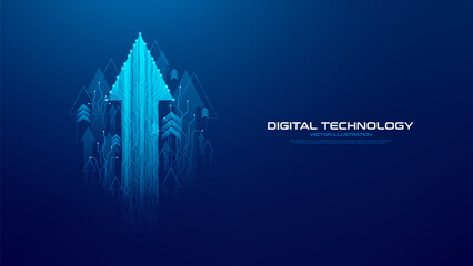 Plakat Financial or investment success concept. Dark blue hi-tech background with ascending blue glowing arrows. Vector illustration representing business growth, technology innovation, digital progress.