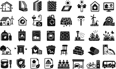 Eco friendly home and sustainability icon set with insulation, appliances, and green construction clip art © raccoontail